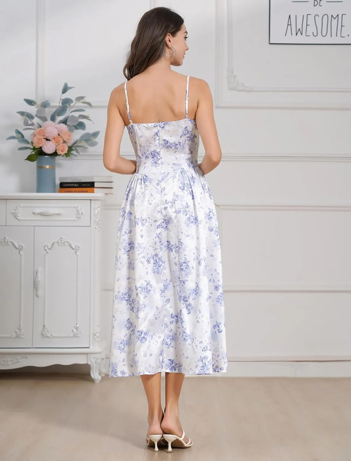 Casual Dresses for Women Boho Spaghetti Strap Corset Midi Dress with Pockets Low Cut Flowy Pleated Bustier Sundress