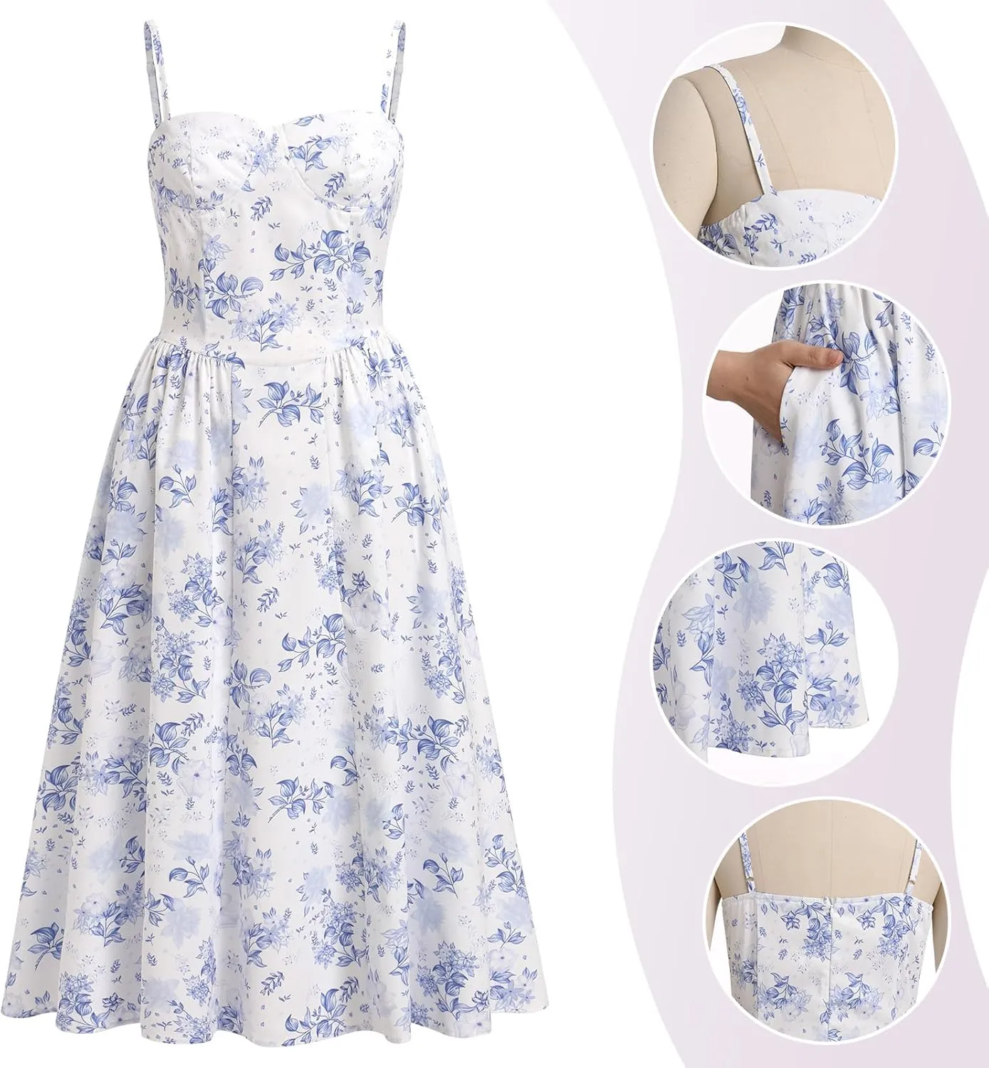 Casual Dresses for Women Boho Spaghetti Strap Corset Midi Dress with Pockets Low Cut Flowy Pleated Bustier Sundress