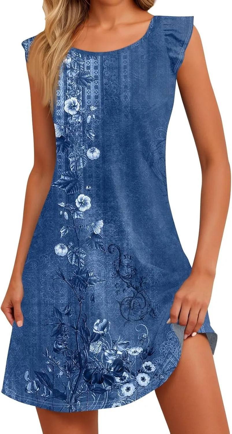 Casual Dresses for Women Summer Floral Printed Crew Neck Ruffled Sleeves Midi Sundress Loose Daily Beach Dress