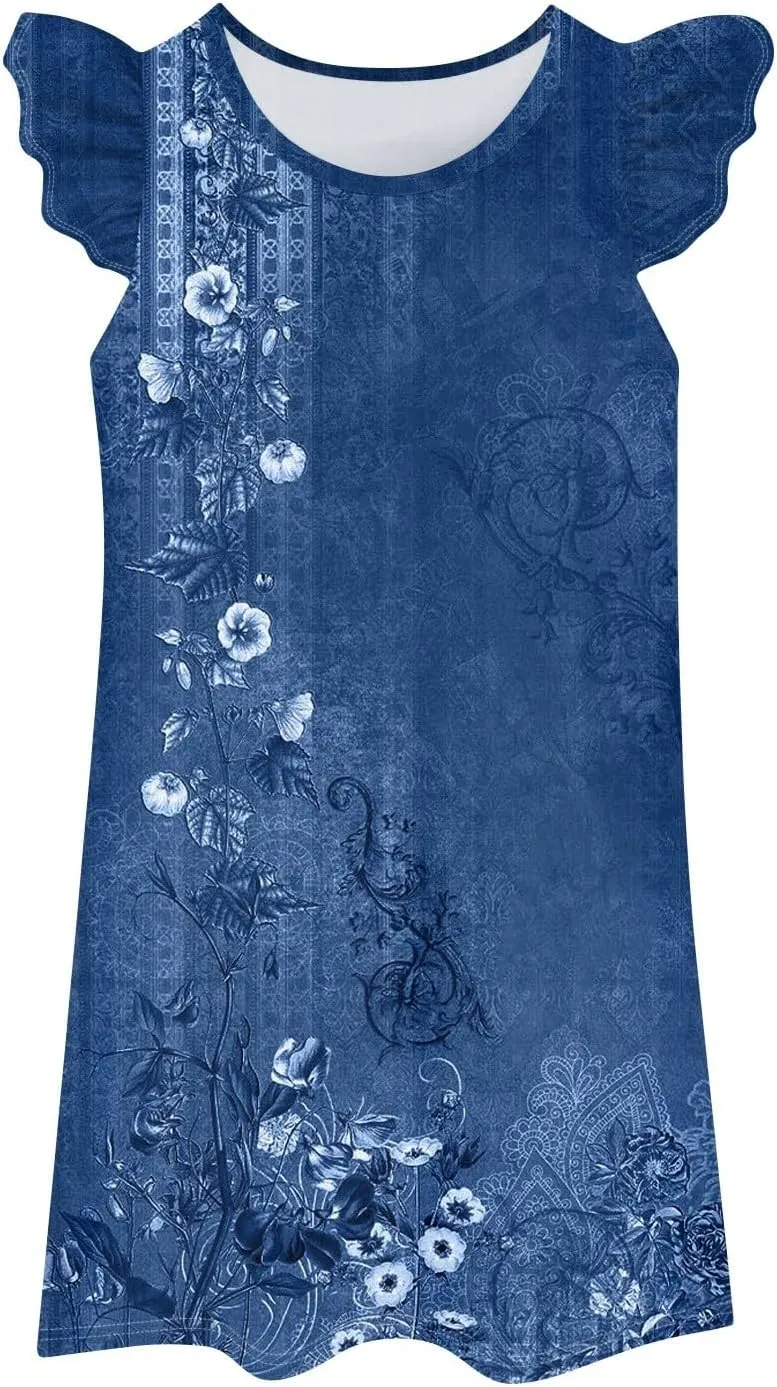 Casual Dresses for Women Summer Floral Printed Crew Neck Ruffled Sleeves Midi Sundress Loose Daily Beach Dress