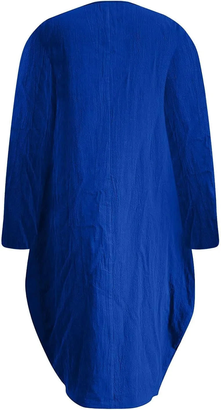 Casual Dresses for Women Summer Round Neck 3/4 Sleeve Solid Loose Long Tops Comfy Shift Plus Size Dress with Pocket