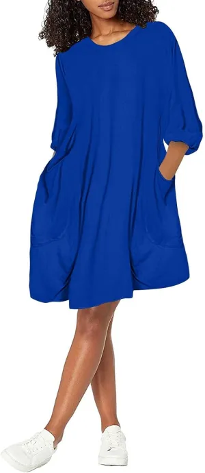 Casual Dresses for Women Summer Round Neck 3/4 Sleeve Solid Loose Long Tops Comfy Shift Plus Size Dress with Pocket