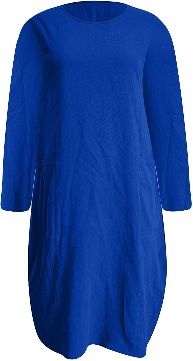 Casual Dresses for Women Summer Round Neck 3/4 Sleeve Solid Loose Long Tops Comfy Shift Plus Size Dress with Pocket