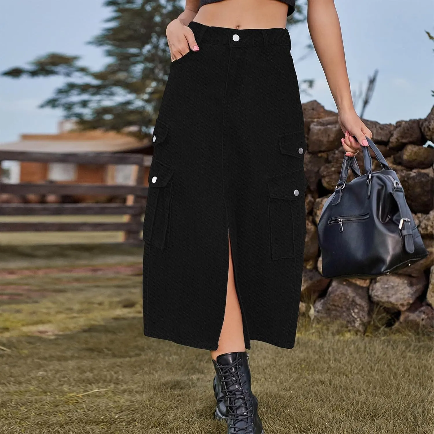 Casual Elastic Waist Midi Skirt for Women Solid Color Front Slit Skirt with Pockets Trendy Going Out Vacation Skirt