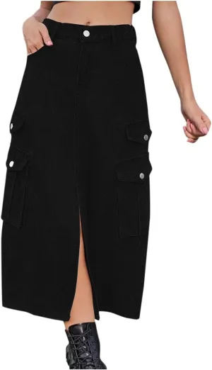 Casual Elastic Waist Midi Skirt for Women Solid Color Front Slit Skirt with Pockets Trendy Going Out Vacation Skirt