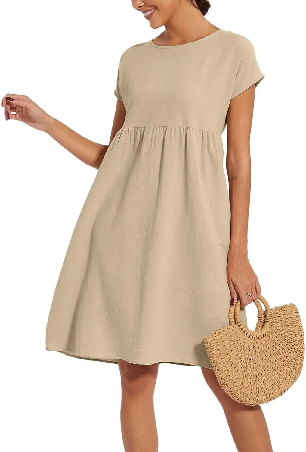 Casual Linen Dresses for Women Crewneck Summer Midi Dress with Pockets Solid Plus Size Short Sleeve T Shirt Dress