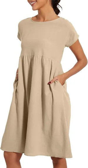 Casual Linen Dresses for Women Crewneck Summer Midi Dress with Pockets Solid Plus Size Short Sleeve T Shirt Dress