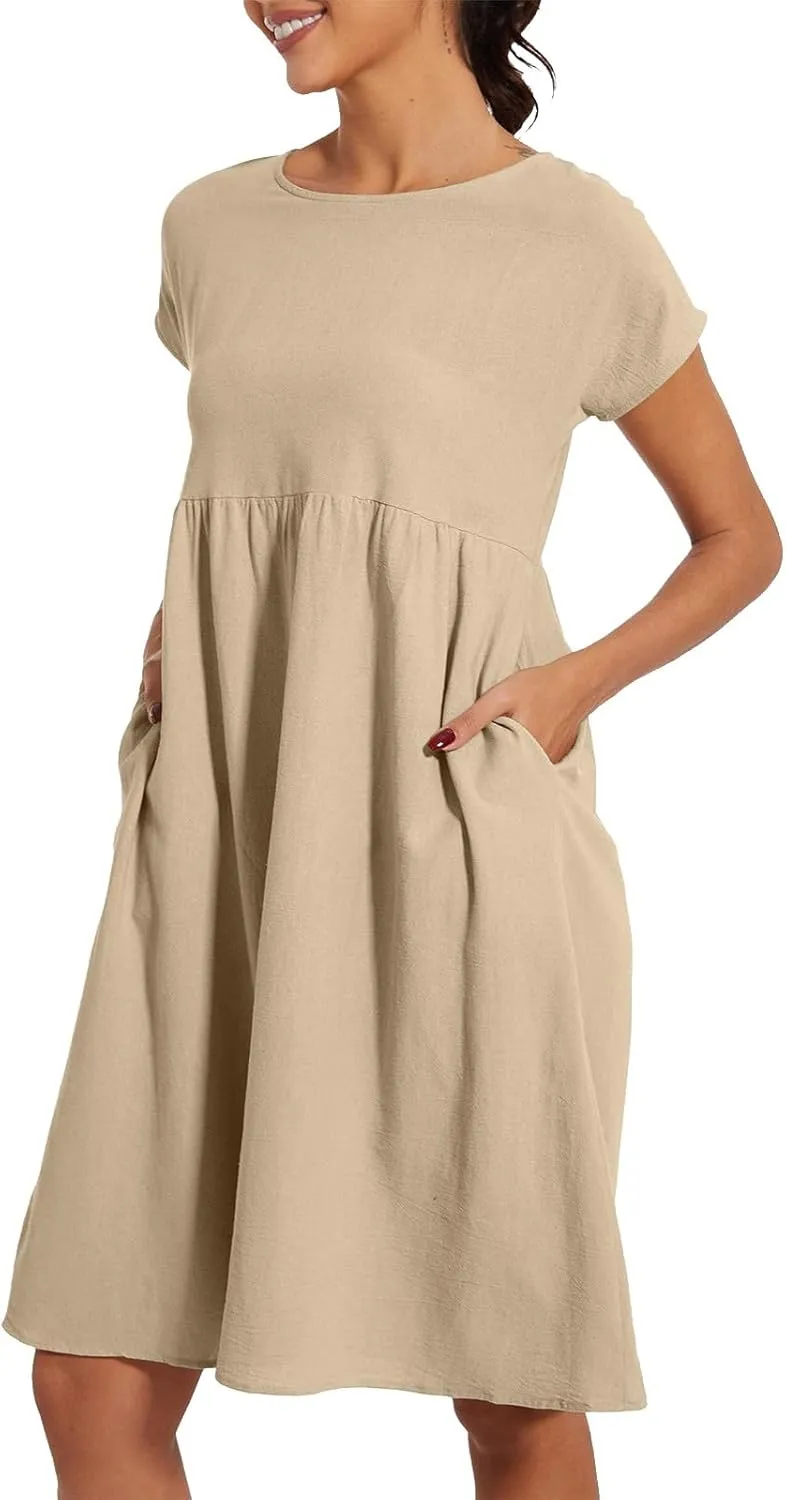 Casual Linen Dresses for Women Crewneck Summer Midi Dress with Pockets Solid Plus Size Short Sleeve T Shirt Dress