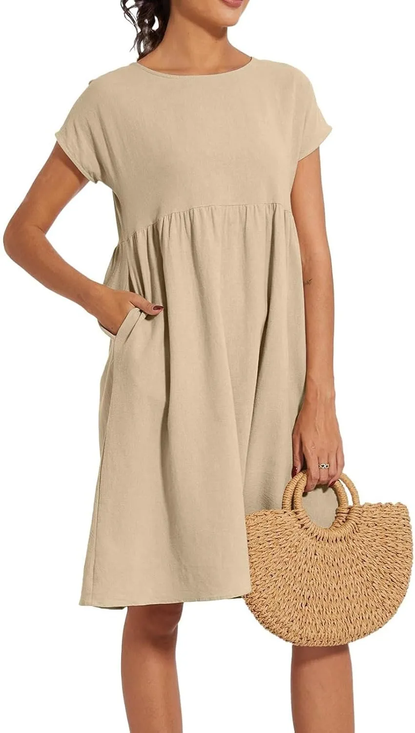 Casual Linen Dresses for Women Crewneck Summer Midi Dress with Pockets Solid Plus Size Short Sleeve T Shirt Dress