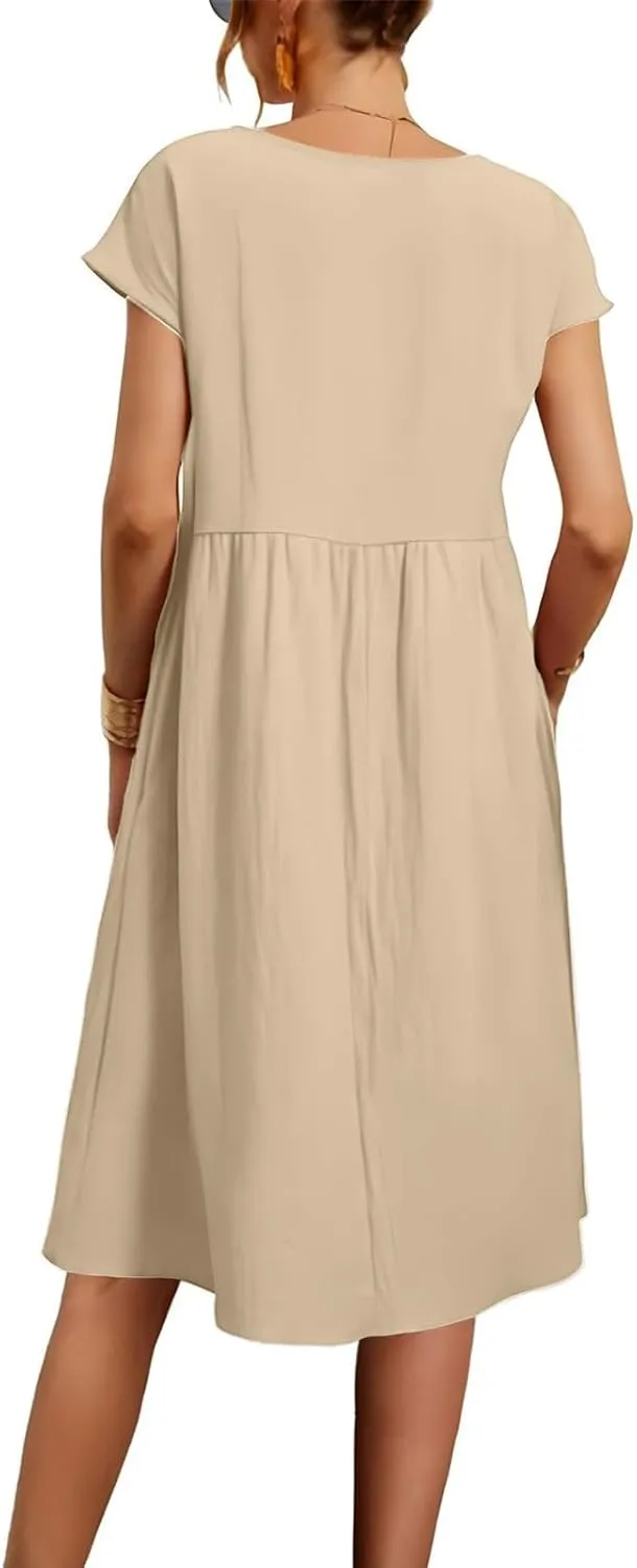 Casual Linen Dresses for Women Crewneck Summer Midi Dress with Pockets Solid Plus Size Short Sleeve T Shirt Dress