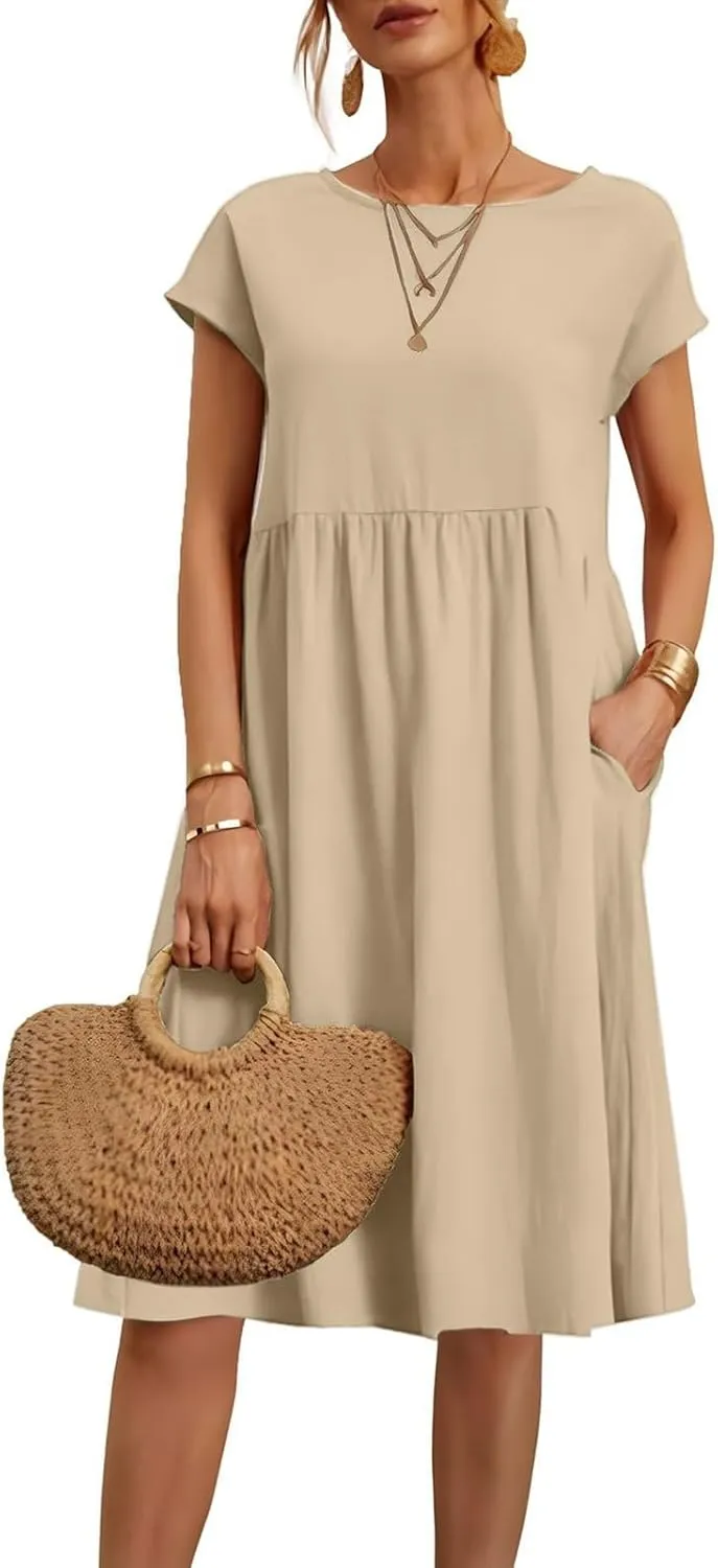 Casual Linen Dresses for Women Crewneck Summer Midi Dress with Pockets Solid Plus Size Short Sleeve T Shirt Dress