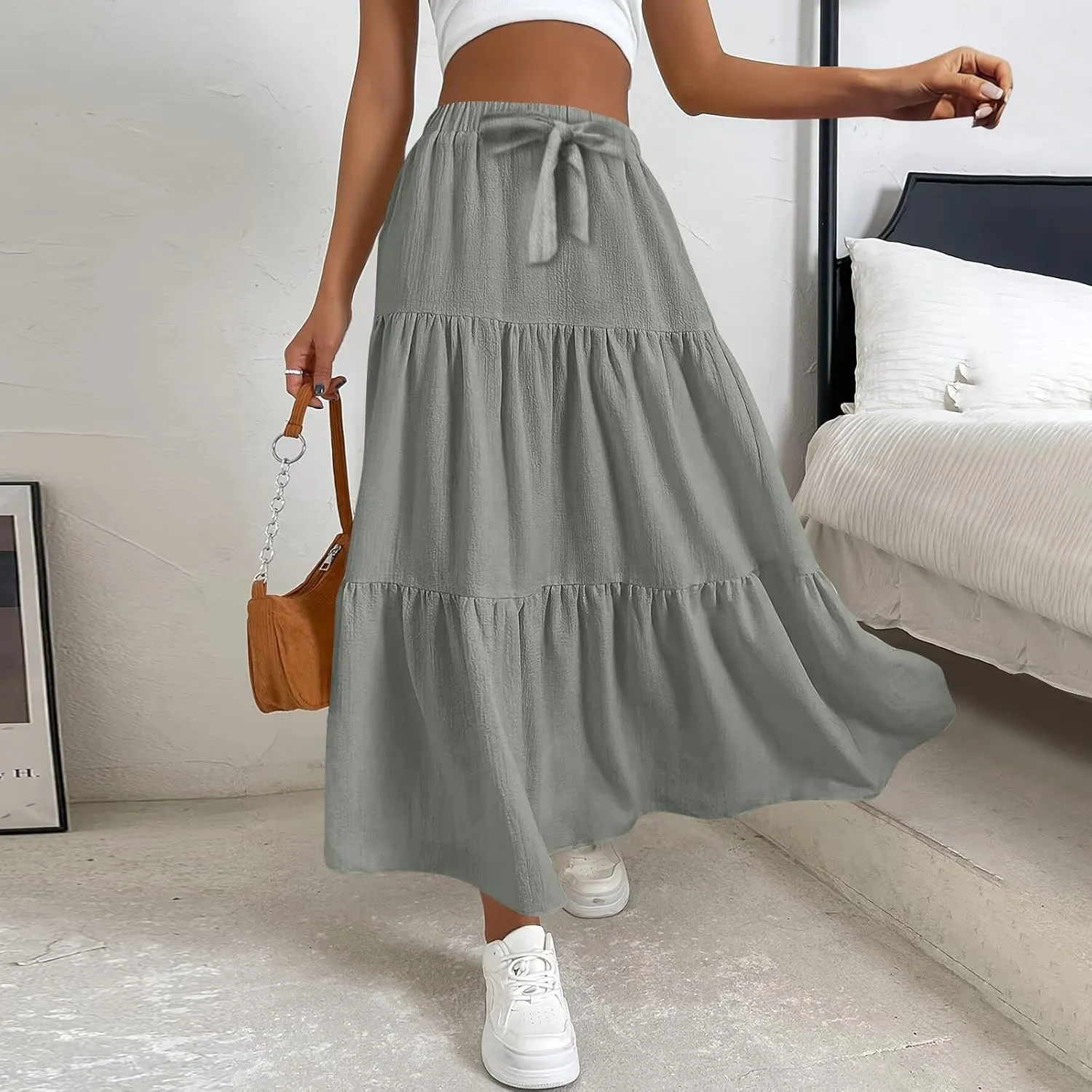 Casual Maxi Skirt for Women Summer Drawstring High Waisted A-Line Skirts Flowy 3-Layer Tiered Ruffle Skirts Long