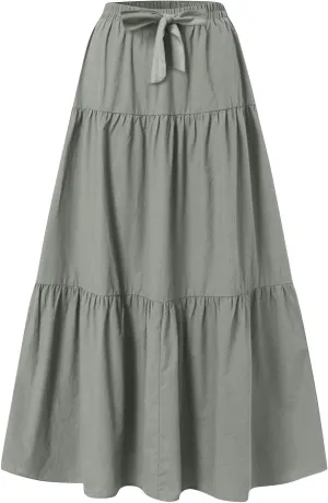 Casual Maxi Skirt for Women Summer Drawstring High Waisted A-Line Skirts Flowy 3-Layer Tiered Ruffle Skirts Long
