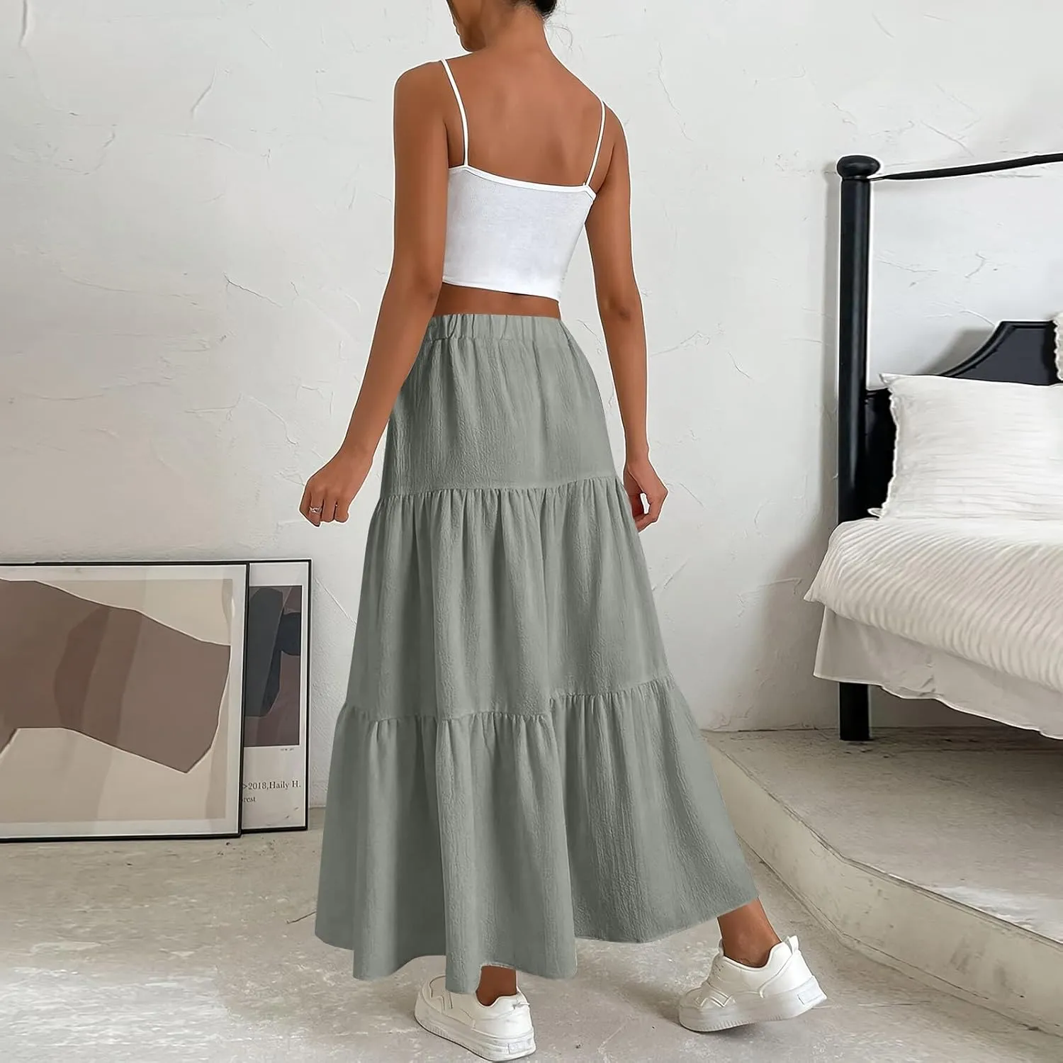 Casual Maxi Skirt for Women Summer Drawstring High Waisted A-Line Skirts Flowy 3-Layer Tiered Ruffle Skirts Long