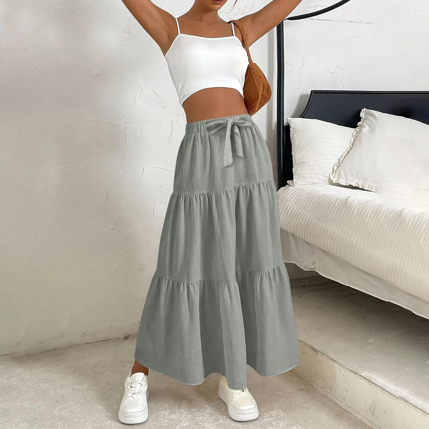 Casual Maxi Skirt for Women Summer Drawstring High Waisted A-Line Skirts Flowy 3-Layer Tiered Ruffle Skirts Long