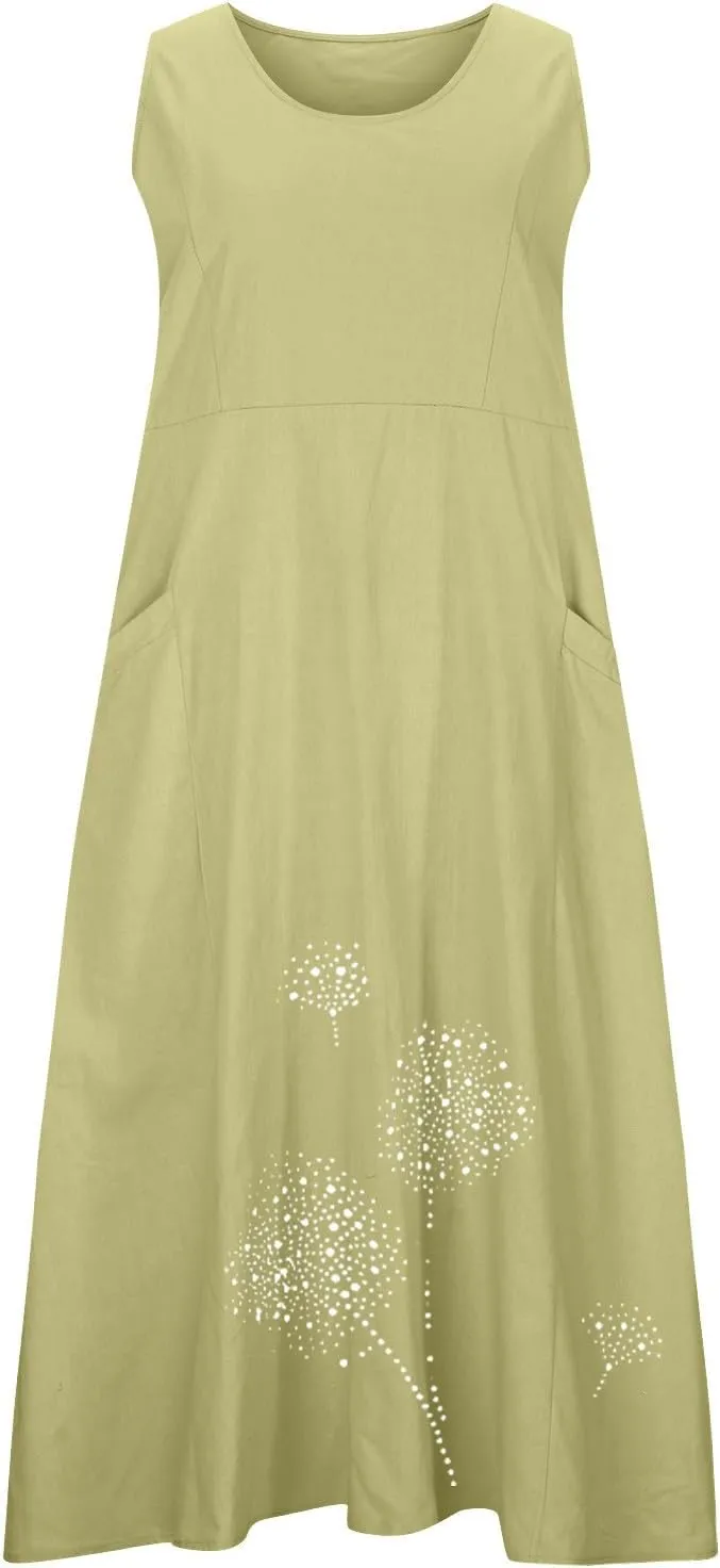 Casual Summer Dresses for Women 2024 Plus Size Sleeveless Flowy Beach Long Dress Dandelion Print Tank Sun Dresses