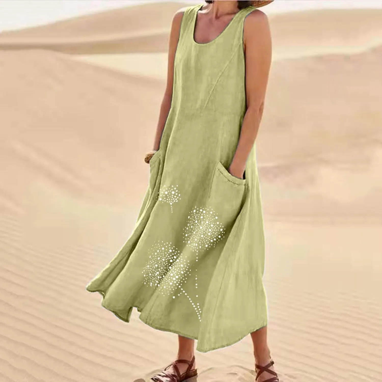 Casual Summer Dresses for Women 2024 Plus Size Sleeveless Flowy Beach Long Dress Dandelion Print Tank Sun Dresses