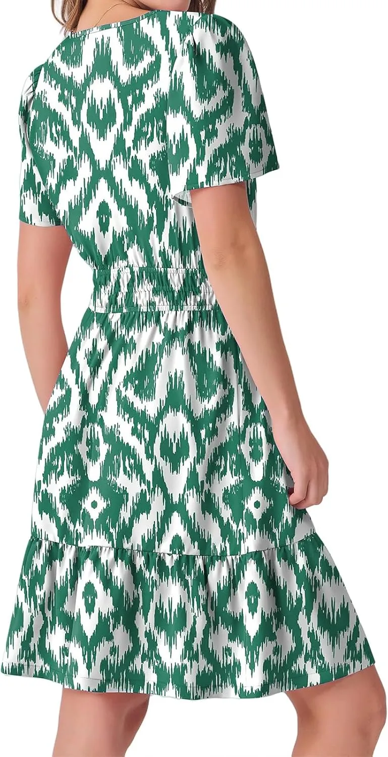 Casual Summer Dresses for Women 2025 Short Sleeve V Neck Beach Mini A-Line Ruffle Flowy Dress Dressy Work Sundress