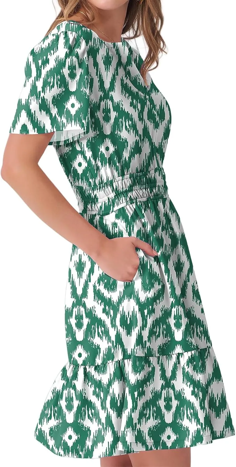 Casual Summer Dresses for Women 2025 Short Sleeve V Neck Beach Mini A-Line Ruffle Flowy Dress Dressy Work Sundress