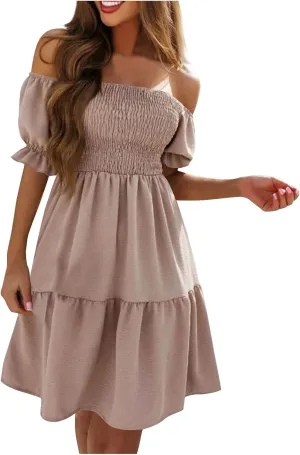 Casual Summer Dresses for Women, Off Shoulder Ruffle Hem Knee Length Swing Dress Flowy Short Sleeve Mini Dresses