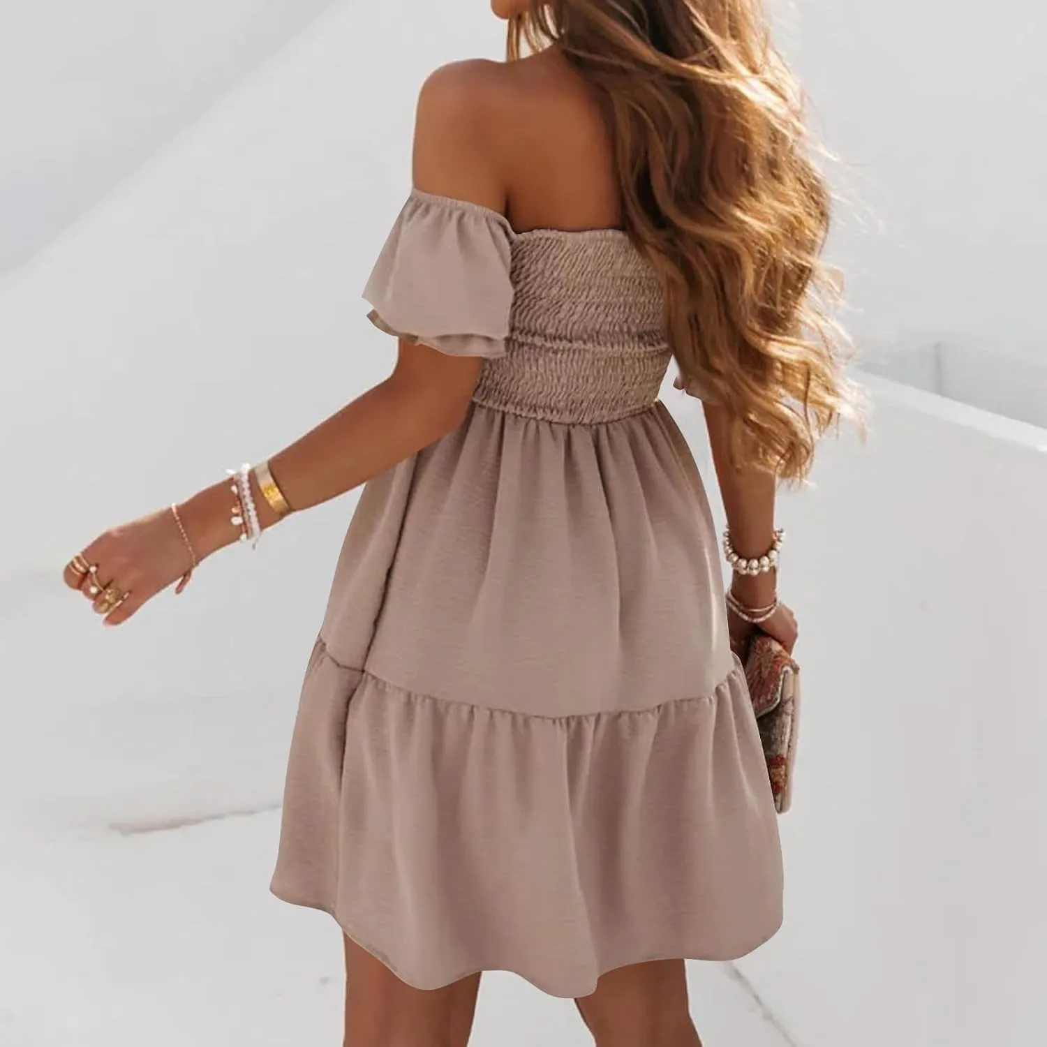 Casual Summer Dresses for Women, Off Shoulder Ruffle Hem Knee Length Swing Dress Flowy Short Sleeve Mini Dresses