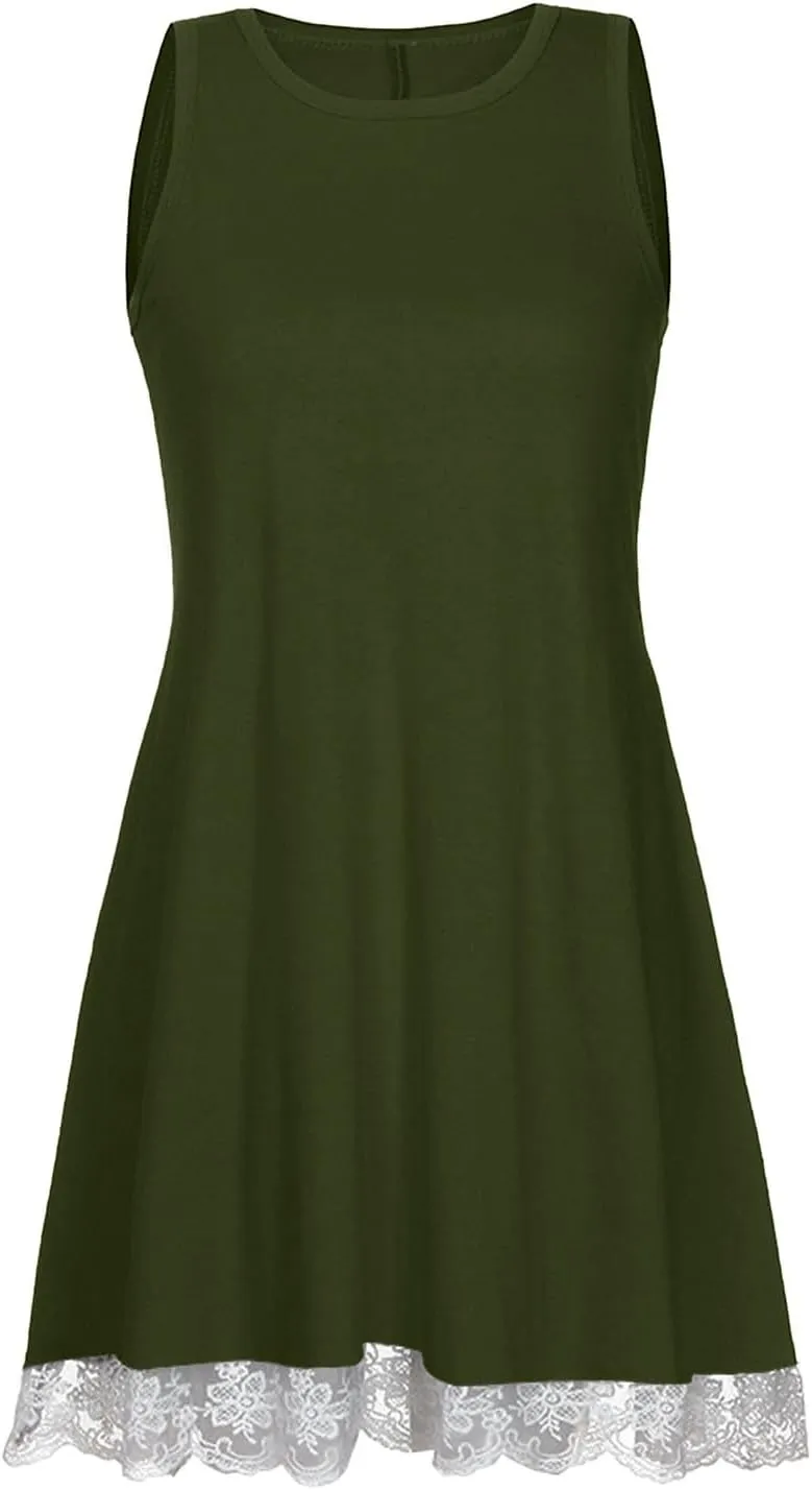 Casual Vacation Tank Dress for Women Crew Neck Solid Sleeveless Sundress Summer Basic Loose Hem Beach Mini Dresse