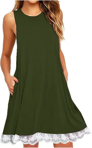 Casual Vacation Tank Dress for Women Crew Neck Solid Sleeveless Sundress Summer Basic Loose Hem Beach Mini Dresse