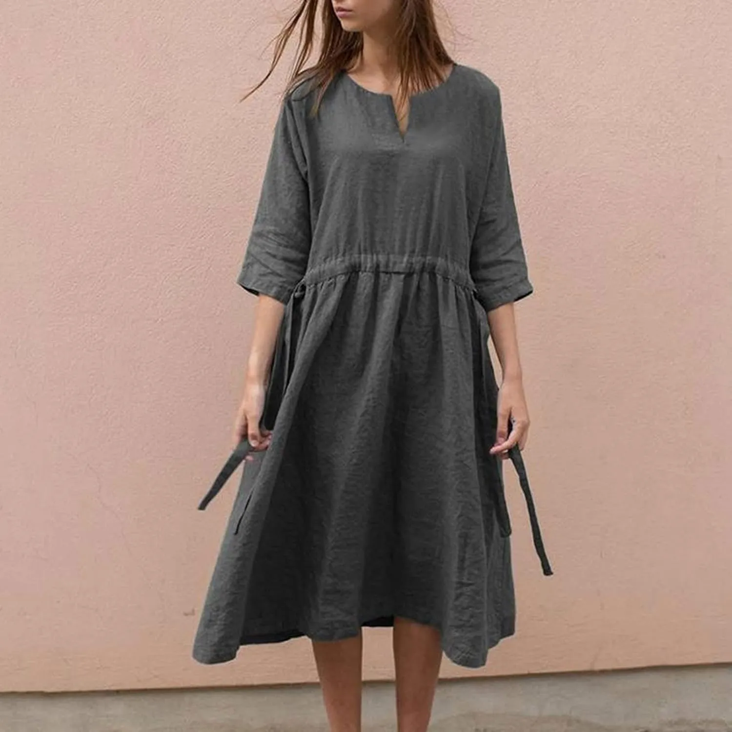 Ceboyel Women Half Sleeve Boho Dresses Cotton Linen Smocked Tiered Dress Drawstring Flowy Dresses Causal Summer Outfits