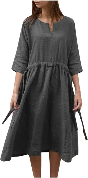 Ceboyel Women Half Sleeve Boho Dresses Cotton Linen Smocked Tiered Dress Drawstring Flowy Dresses Causal Summer Outfits