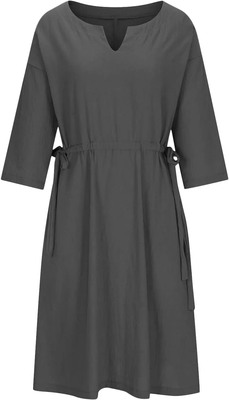 Ceboyel Women Half Sleeve Boho Dresses Cotton Linen Smocked Tiered Dress Drawstring Flowy Dresses Causal Summer Outfits