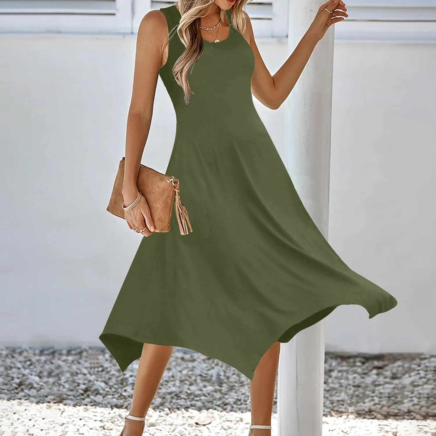 Ceboyel Womens 2024 Casual Summer Sundresses Flowy Sleeveless Tank Dresses Handkerchief Hem Dress Beach Vacation Outfits