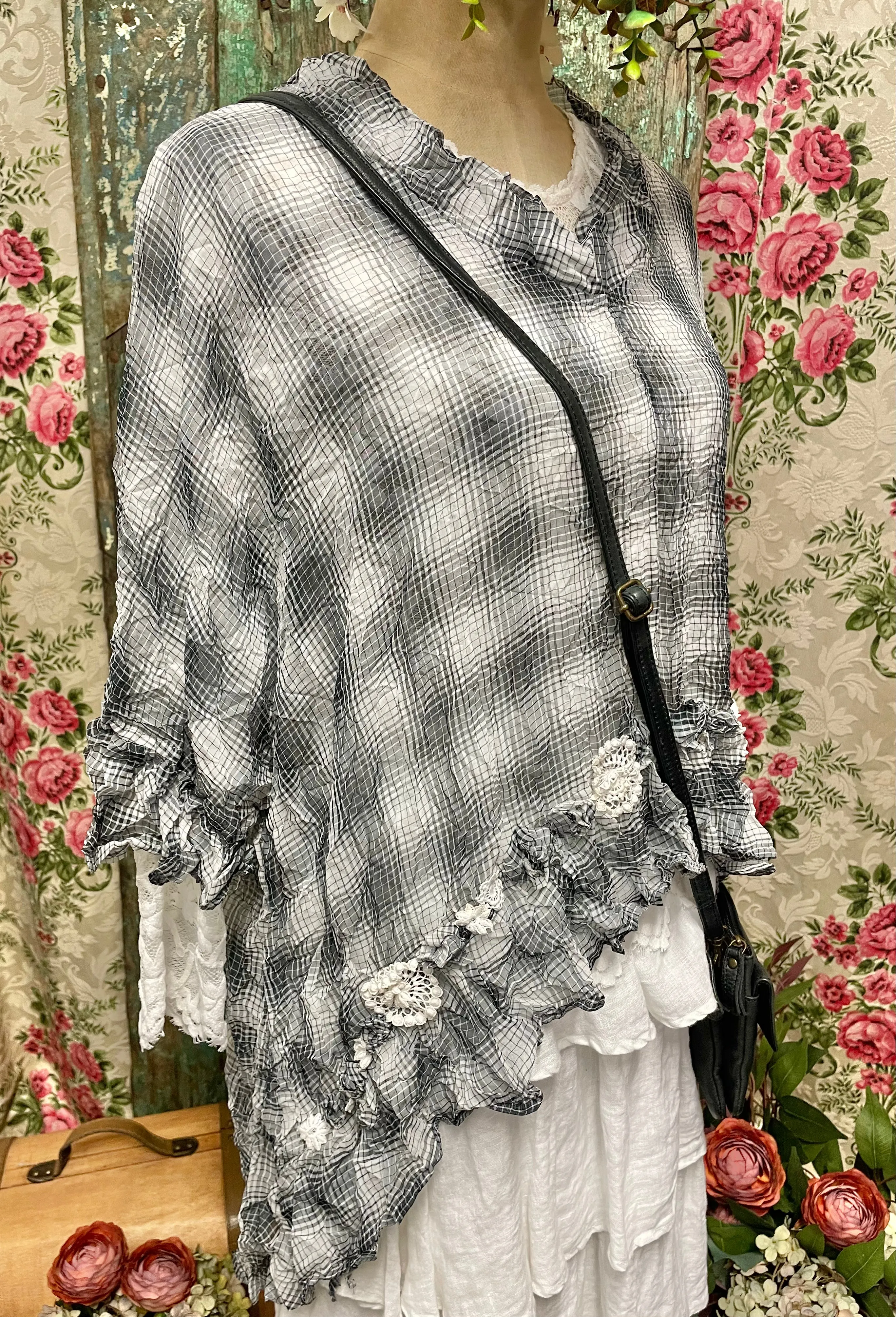 Charcoal check roses overtop