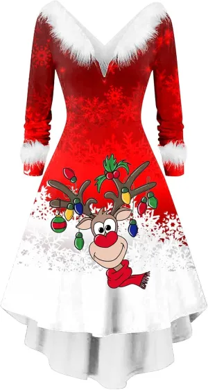 Christmas Dress for Women Elegant Vintage Long Sleeve V-Neck Off Shoulder Asymmetrical Retro Tunic A Line Dress