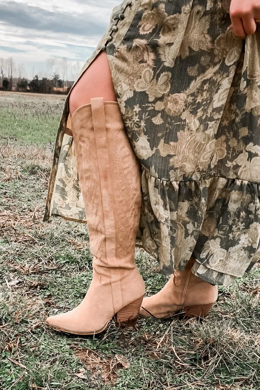 Coastal Cowgirl Embroidered Western Shoes | Knee High Boots | Almond