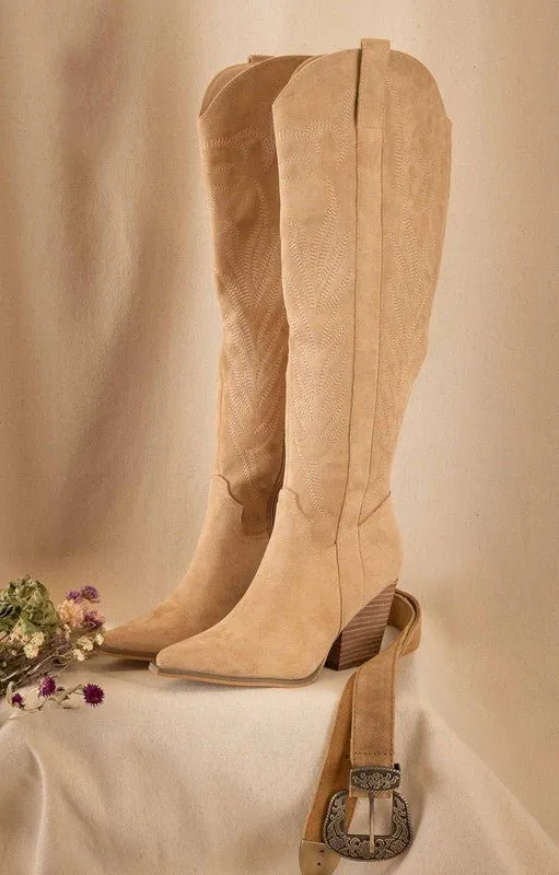 Coastal Cowgirl Embroidered Western Shoes | Knee High Boots | Almond