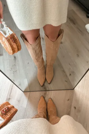 Coastal Cowgirl Embroidered Western Shoes | Knee High Boots | Almond