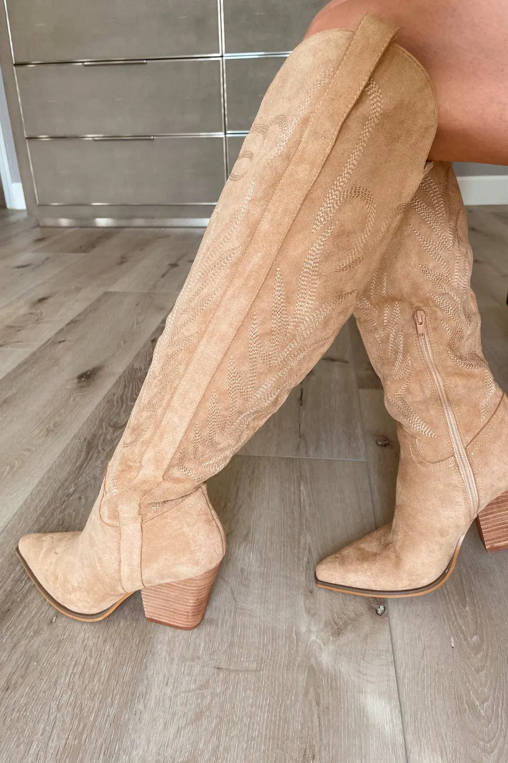 Coastal Cowgirl Embroidered Western Shoes | Knee High Boots | Almond