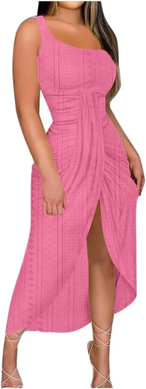 Cocktail Dresses for Women Wedding Guest One Sexy Shoulder Maxi Long Dress Eyelet Split Hem High Waist Wrap Dress