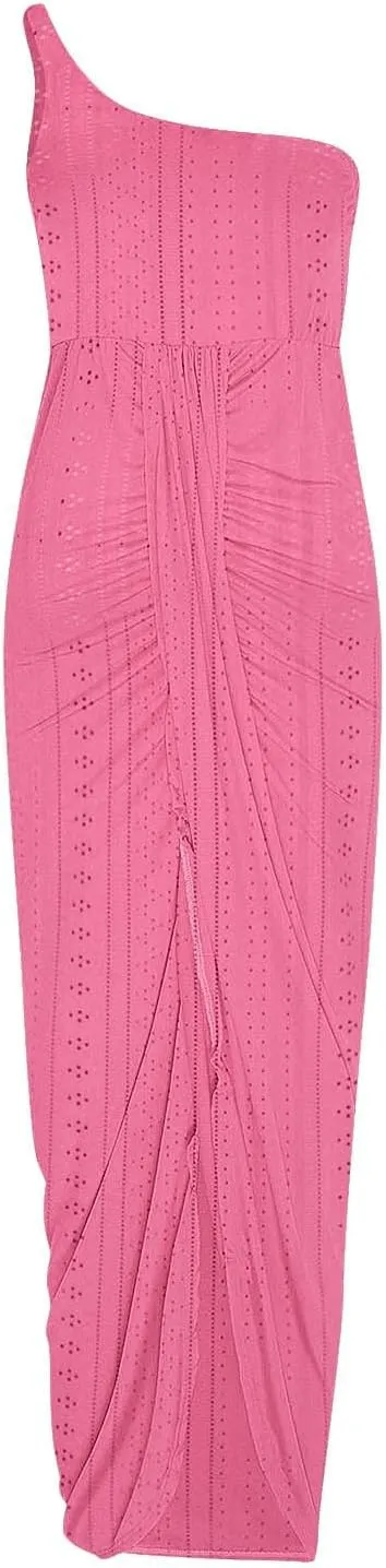 Cocktail Dresses for Women Wedding Guest One Sexy Shoulder Maxi Long Dress Eyelet Split Hem High Waist Wrap Dress