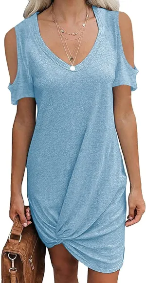 Cold Shoulder Dresses for Women Summer V Neck Short Sleeve Sexy Mini Dress Casual Beach Vacation Lightweight Outfits