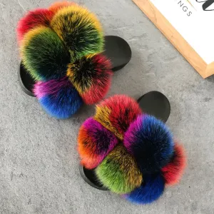 Color Matching Large Fur Real Natural Fox Fur Slides Colorful Fluffy Fur Slides Sandals Slippers Fashion Women Shoes