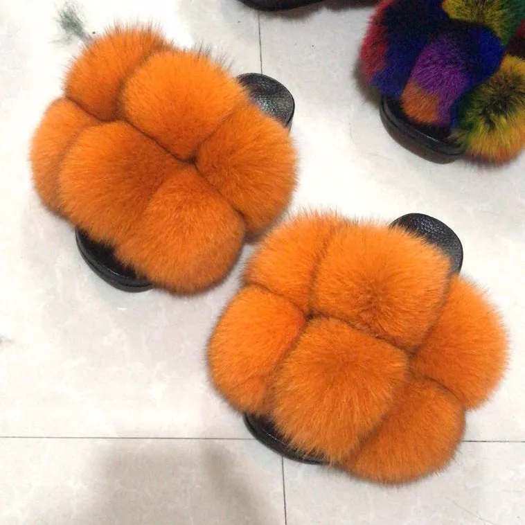 Color Matching Large Fur Real Natural Fox Fur Slides Colorful Fluffy Fur Slides Sandals Slippers Fashion Women Shoes