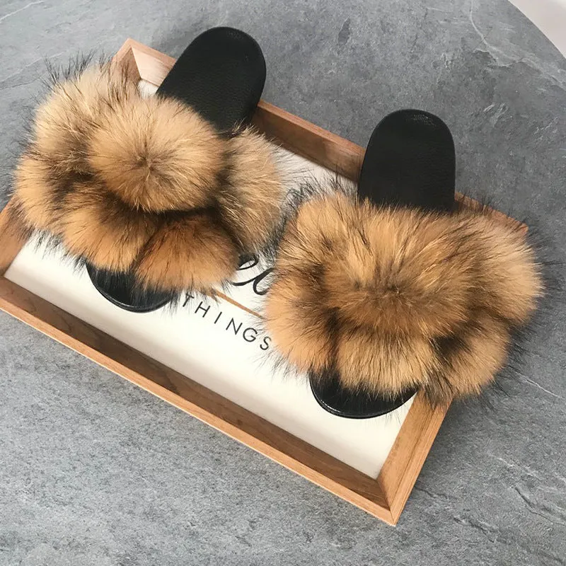 Color Matching Large Fur Real Natural Fox Fur Slides Colorful Fluffy Fur Slides Sandals Slippers Fashion Women Shoes