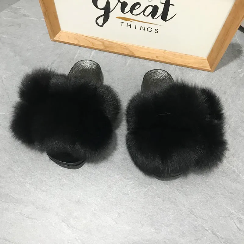 Color Matching Large Fur Real Natural Fox Fur Slides Colorful Fluffy Fur Slides Sandals Slippers Fashion Women Shoes