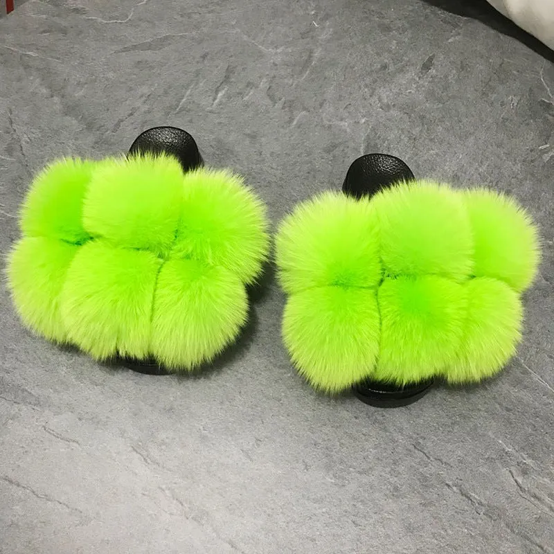 Color Matching Large Fur Real Natural Fox Fur Slides Colorful Fluffy Fur Slides Sandals Slippers Fashion Women Shoes