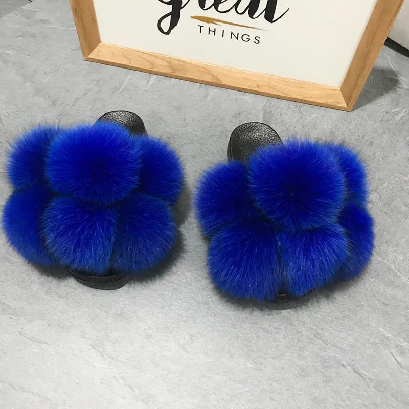 Color Matching Large Fur Real Natural Fox Fur Slides Colorful Fluffy Fur Slides Sandals Slippers Fashion Women Shoes