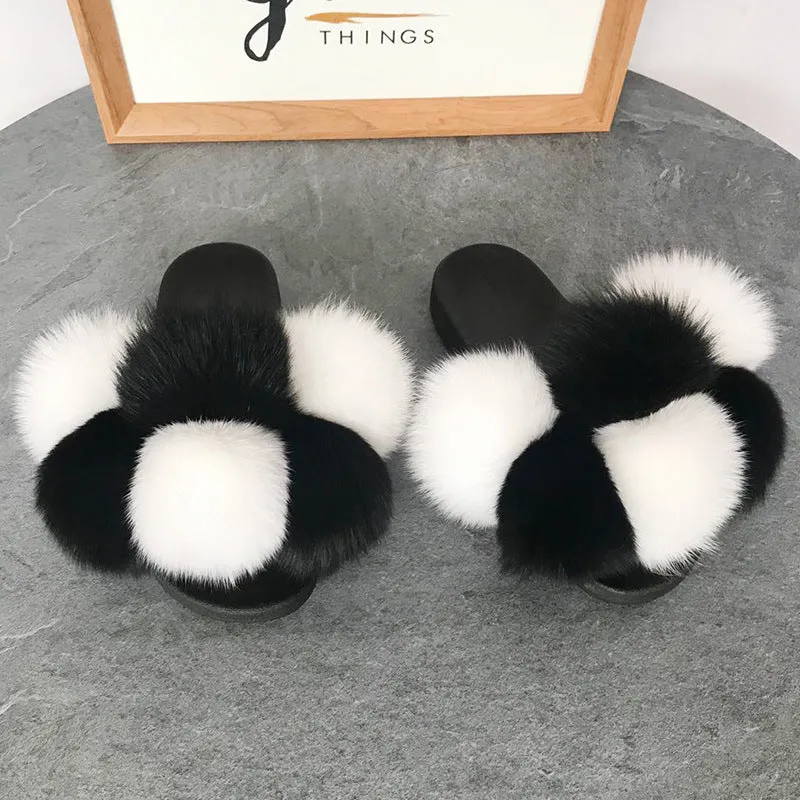 Color Matching Large Fur Real Natural Fox Fur Slides Colorful Fluffy Fur Slides Sandals Slippers Fashion Women Shoes