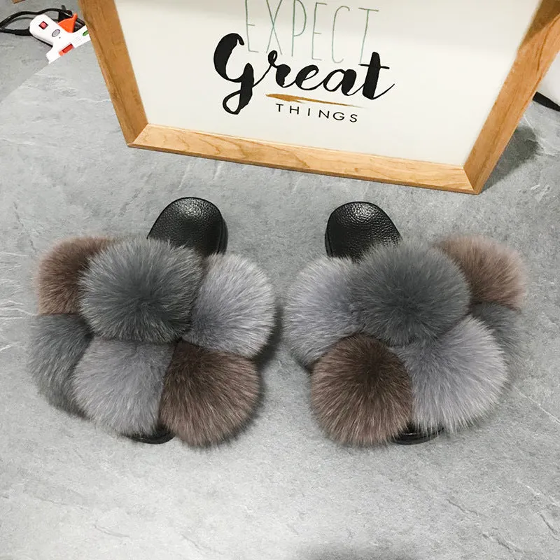 Color Matching Large Fur Real Natural Fox Fur Slides Colorful Fluffy Fur Slides Sandals Slippers Fashion Women Shoes