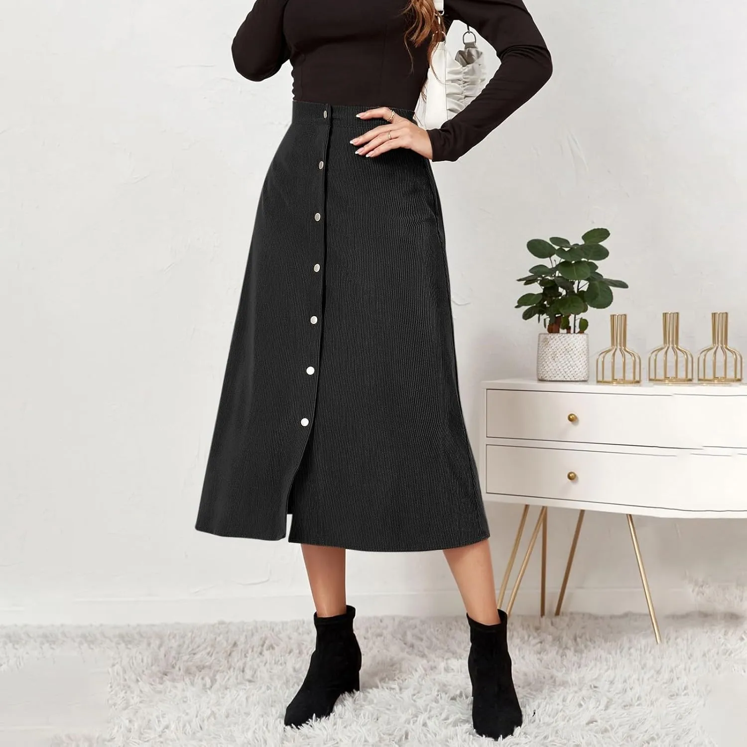 Corduroy Skirt Women High Waisted Suede Skirts Button Down A Line Midi Skirt Fall Winter Business Casual Long Skirts