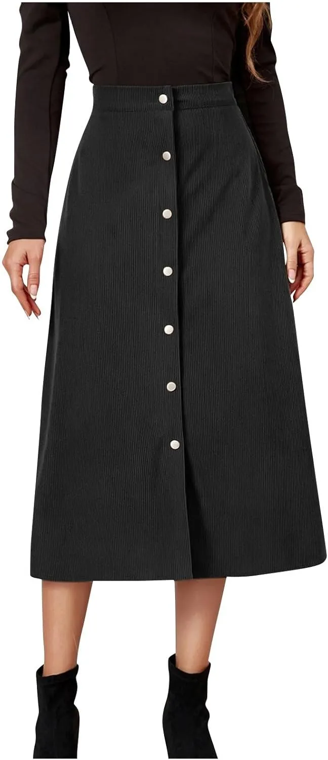 Corduroy Skirt Women High Waisted Suede Skirts Button Down A Line Midi Skirt Fall Winter Business Casual Long Skirts